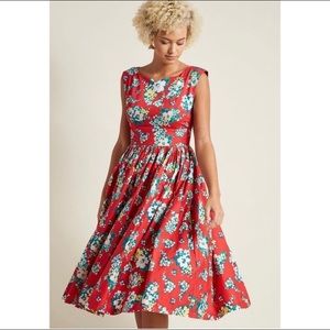 ModCloth Red Floral Midi length Dress (S)
